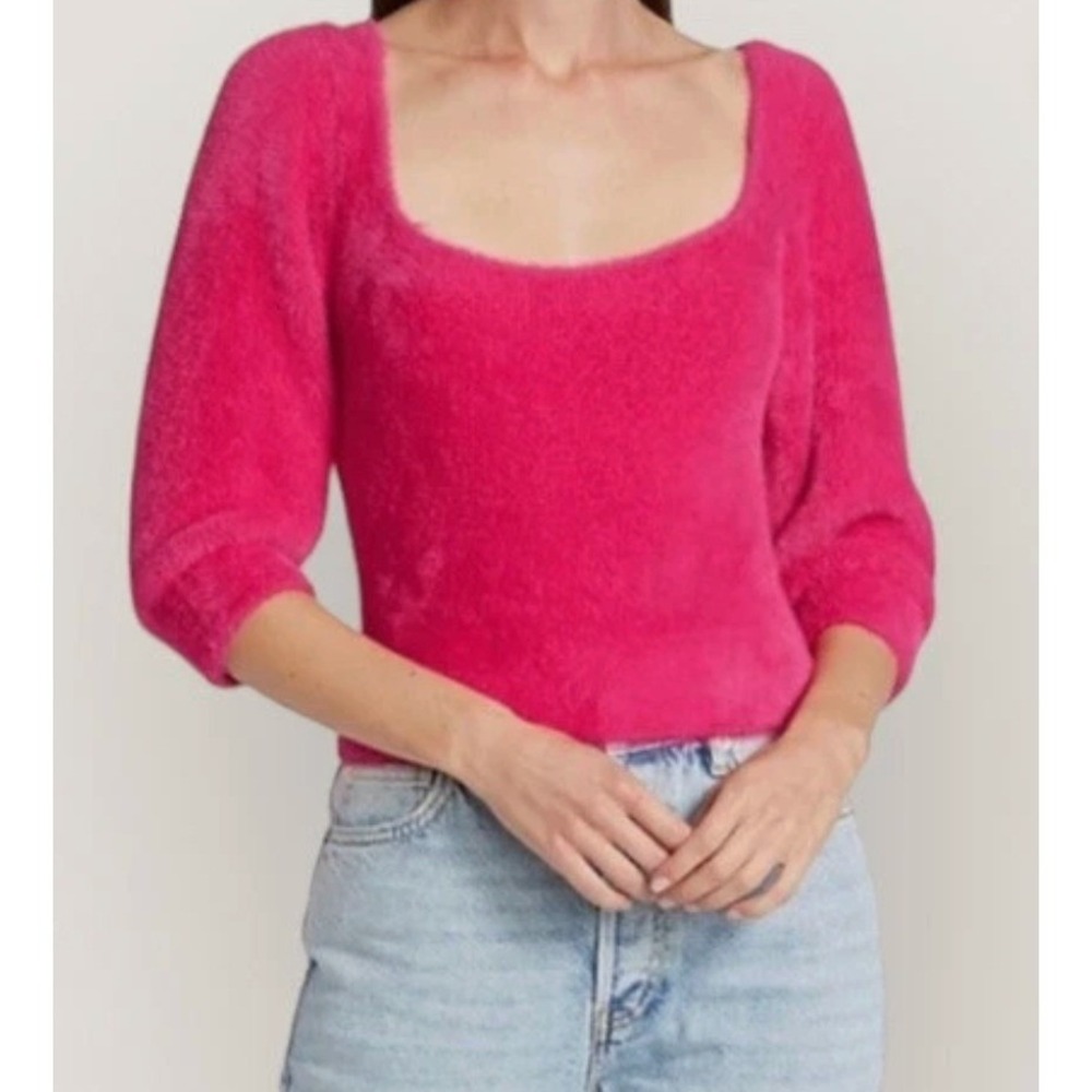 Free People Pink Fuzzy Scoop Neck‎ Puff Sleeve Sweater Large NWT
